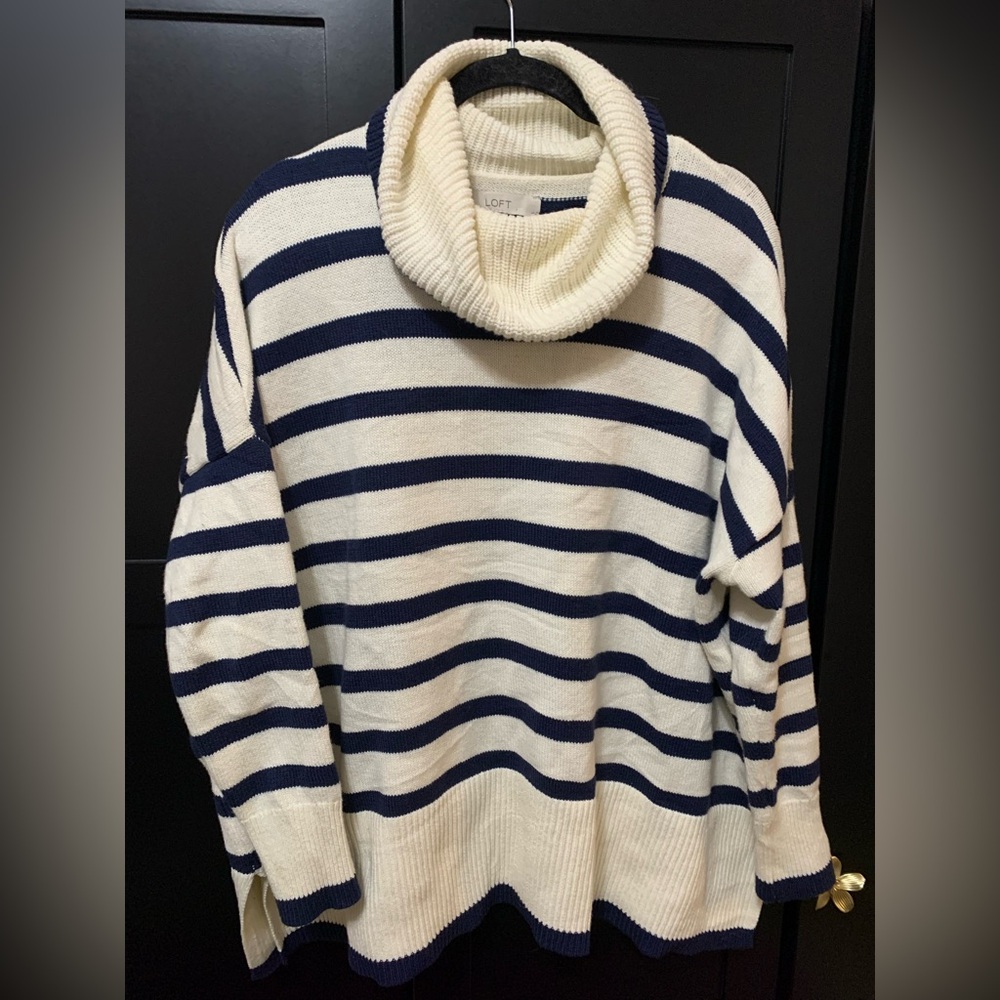 LOFT Striped Cowl Neck Sweater Navy and Cream Nautical classic old money